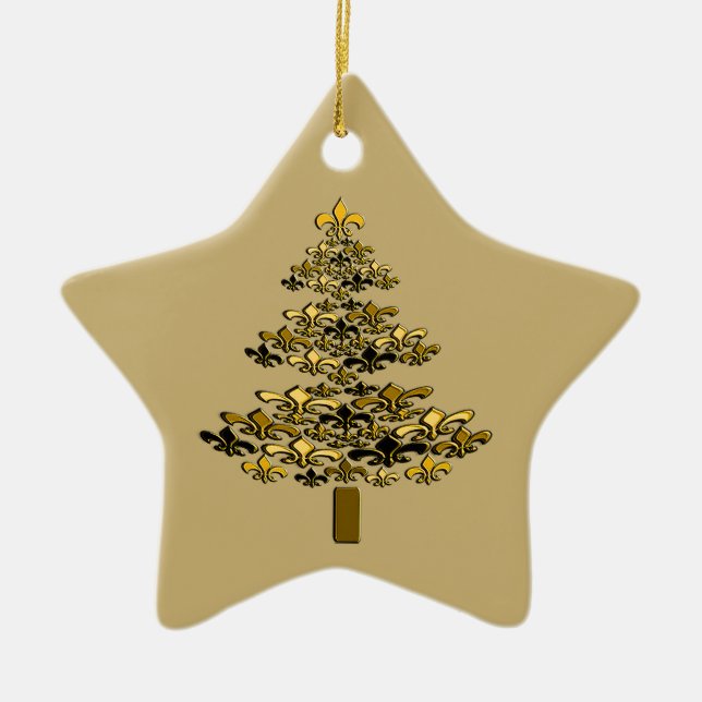 Gold Fleur de Lis Christmas Tree Star Ceramic Tree Decoration (Front)