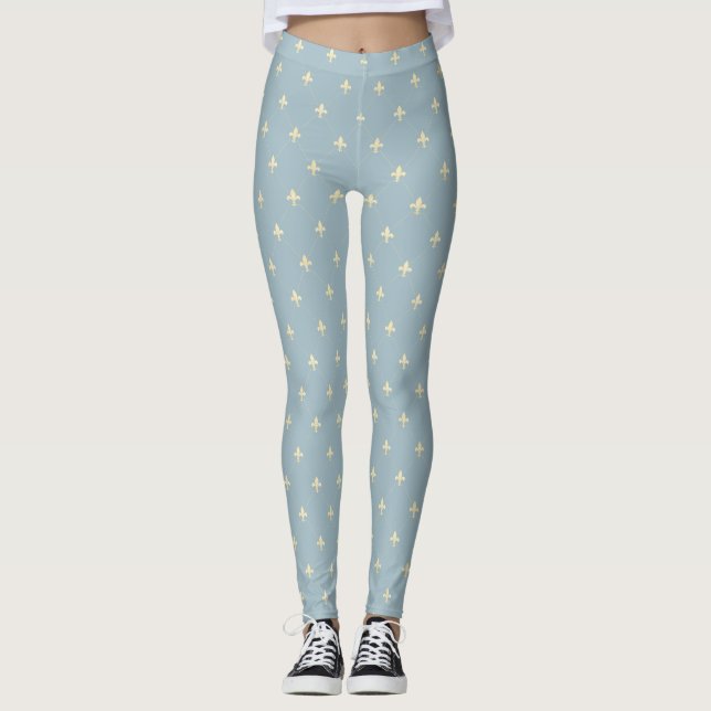 Gold Fleur-de-Lis Dusky Blue Leggings (Front)