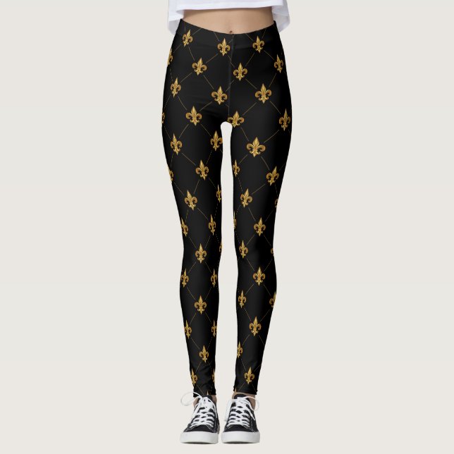 Gold Fleur De Lis Elegant Damask Pattern Black Leggings (Front)