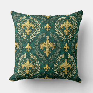 Gold Fleur-de-lis Emerald Green Damask Pattern Art Cushion