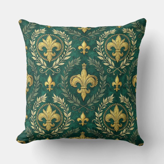 Gold Fleur-de-lis Emerald Green Damask Pattern Art Cushion (Front)