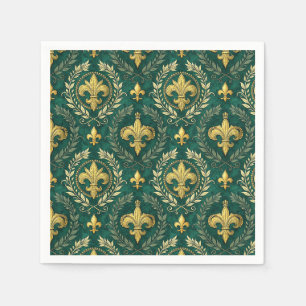 Gold Fleur-de-lis Emerald Green Damask Pattern Art Napkin