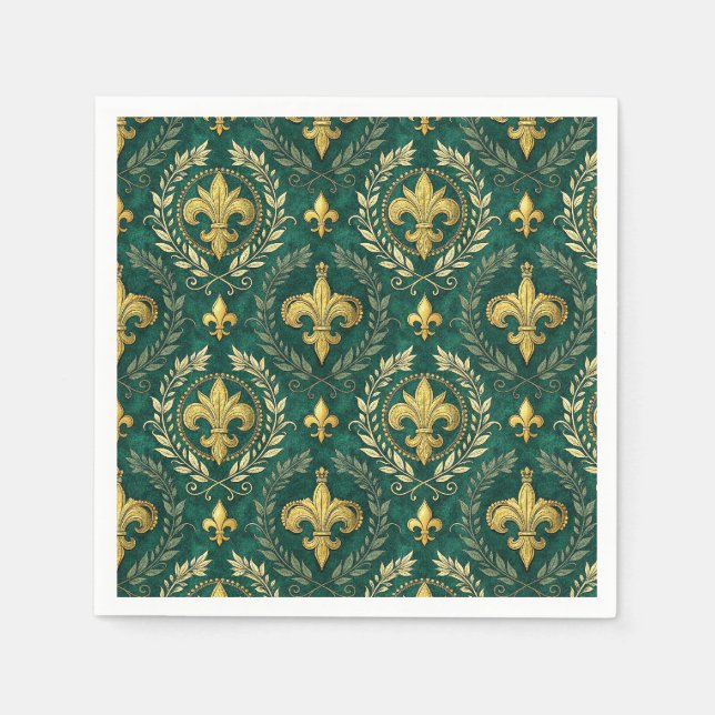 Gold Fleur-de-lis Emerald Green Damask Pattern Art Napkin (Front)