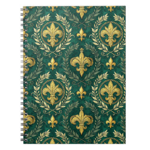 Gold Fleur-de-lis Emerald Green Damask Pattern Art Notebook