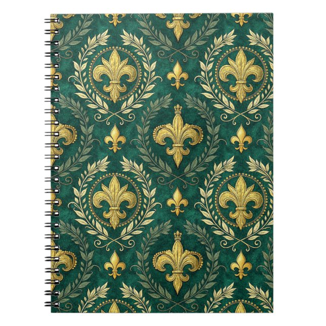 Gold Fleur-de-lis Emerald Green Damask Pattern Art Notebook (Front)