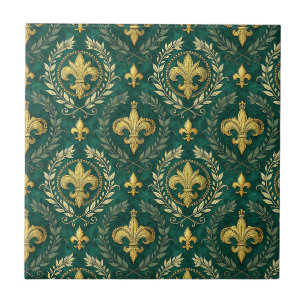 Gold Fleur-de-lis Emerald Green Damask Pattern Art Tile