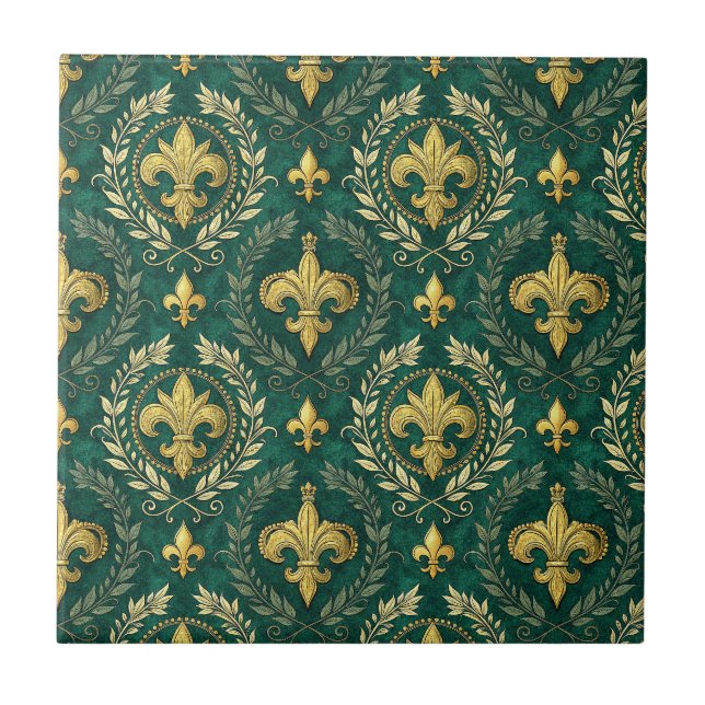 Gold Fleur-de-lis Emerald Green Damask Pattern Art Tile (Front)