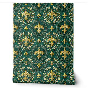 Gold Fleur-de-lis Emerald Green Damask Pattern Art Wallpaper