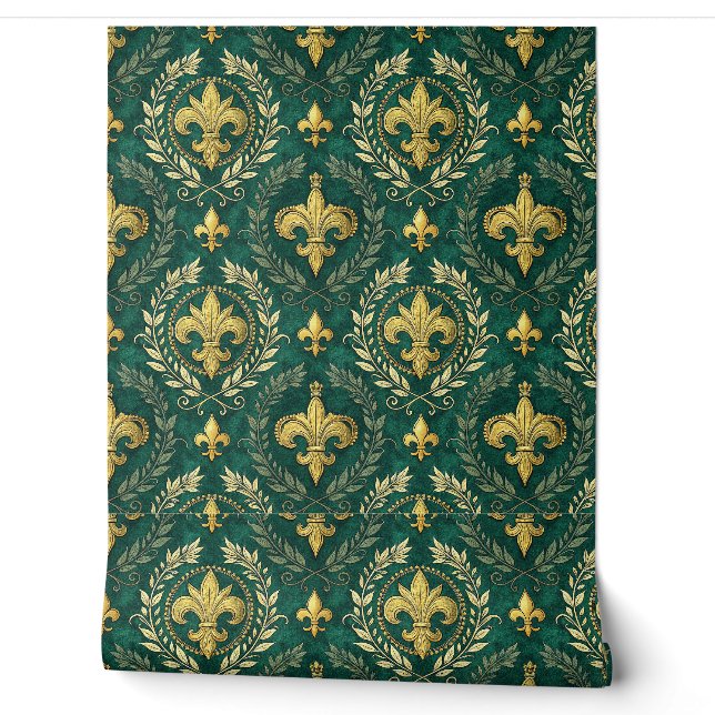 Gold Fleur-de-lis Emerald Green Damask Pattern Art Wallpaper (Unrolling)