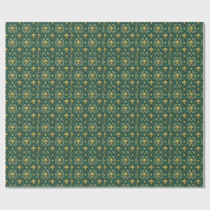 Gold Fleur-de-lis Emerald Green Damask Pattern Art Wrapping Paper
