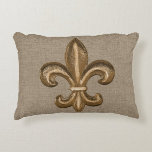 Gold Fleur de Lis Faux Burlap Decorative Cushion