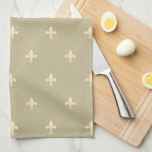 Gold Fleur-de-Lis Latte Brown Tea Towel