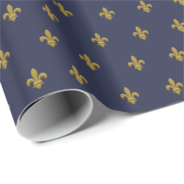 Gold Fleur de Lis Masculine Gift Wrap for Men Blue (Roll Corner)