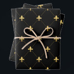 Gold Fleur-de-Lis on Black Wrapping Paper Sheet<br><div class="desc">Gold fleurs-de-lis in a diamond pattern have a classic regal look.</div>