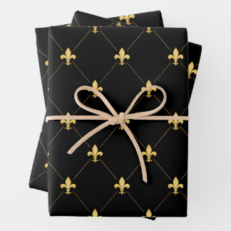 Gold Fleur-de-Lis on Black Wrapping Paper Sheet