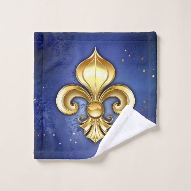 Gold Fleur de Lis on Blue Bath Towel Set (Wash Cloth)