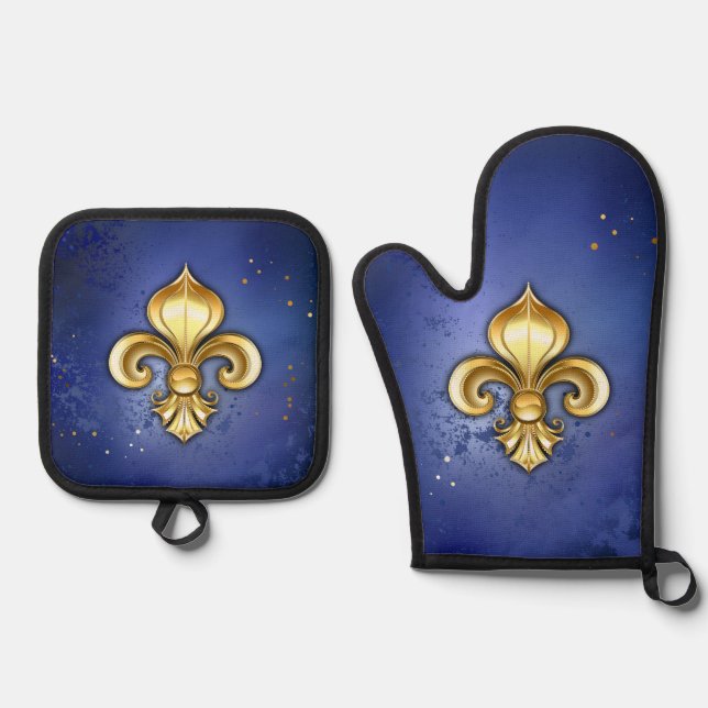 Gold Fleur de Lis on Blue Oven Mitt & Pot Holder Set (Front)