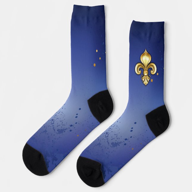 Gold Fleur de Lis on Blue Socks (Left)