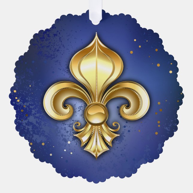 Gold Fleur de Lis on Blue Tree Decoration Card (Front)