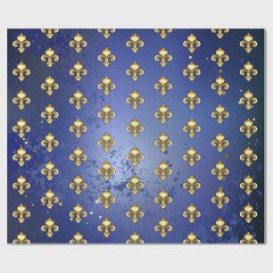 Gold Fleur de Lis on Blue Wrapping Paper