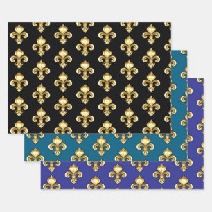 Gold Fleur de Lis on Blue Wrapping Paper Sheet