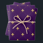 Gold Fleur-de-Lis on Dark Purple Wrapping Paper Sheet<br><div class="desc">Gold fleurs-de-lis in a diamond pattern have a classic regal look.</div>