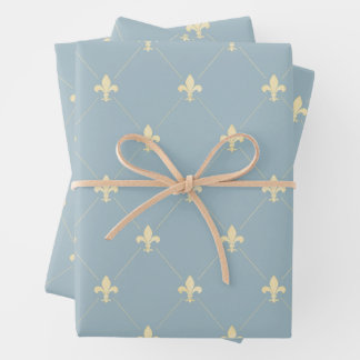 Gold Fleur-de-Lis on Dusky Blue Wrapping Paper Sheet