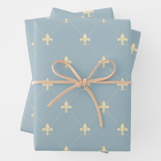 Gold Fleur-de-Lis on Dusky Blue Wrapping Paper Sheet (In situ)
