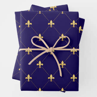 Gold Fleur-de-Lis on Midnight Blue Wrapping Paper Sheet