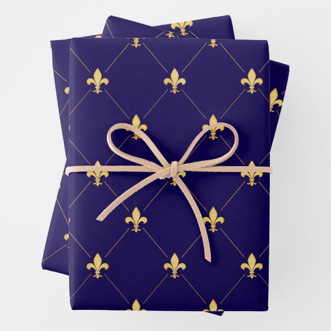 Gold Fleur-de-Lis on Midnight Blue Wrapping Paper Sheet (In situ)