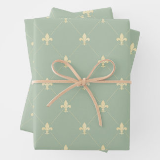 Gold Fleur-de-Lis on Sage Wrapping Paper Sheet