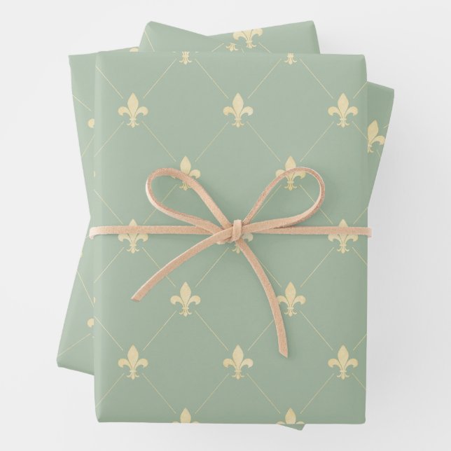 Gold Fleur-de-Lis on Sage Wrapping Paper Sheet (In situ)