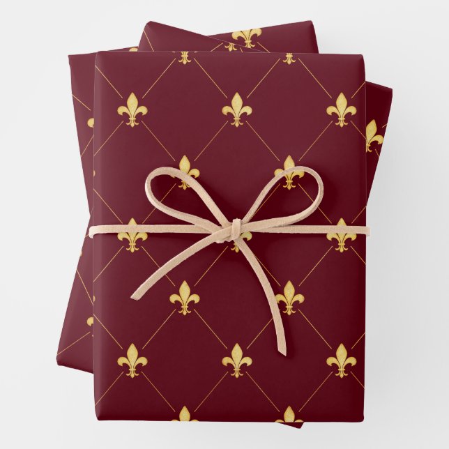 Gold Fleur-de-Lis on Wine Red Wrapping Paper Sheet (In situ)