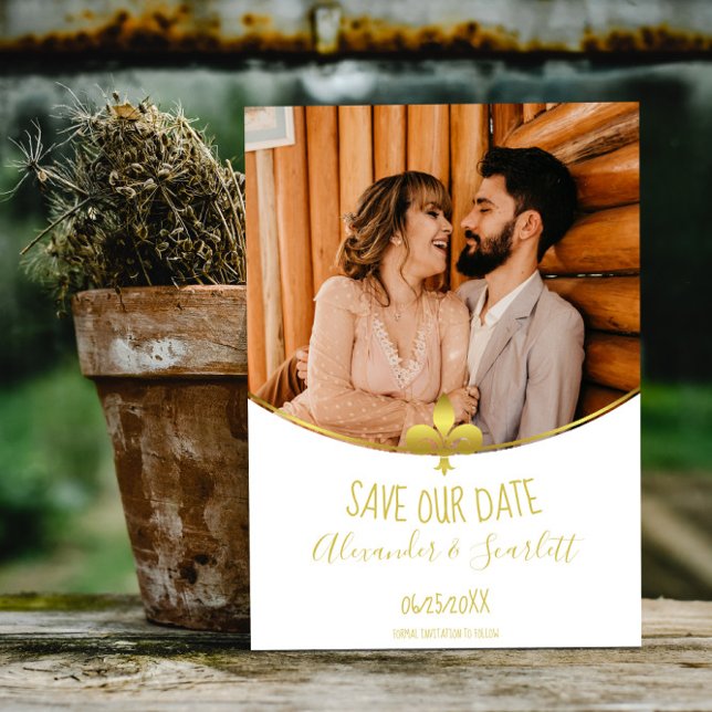 Gold Fleur de Lis Photo Save The Date Announcement (Gold Fleur de Lis Photo Save the Date)