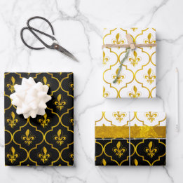 Gold Fleur-de-Lis Quatrefoil Pattern Wrapping Paper Sheet