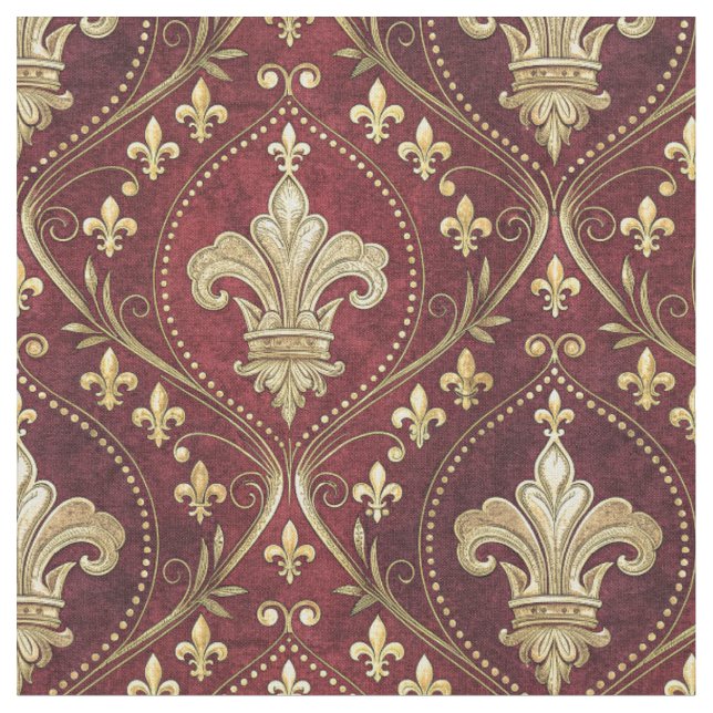Gold Fleur-de-lis Red Velvet Royal Design Pattern Fabric (Close Up)