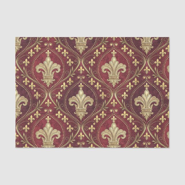 Gold Fleur-de-lis Red Velvet Royal Design Pattern Tissue Paper (Front)