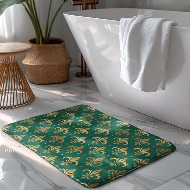 Gold fleur-de-lis seamless pattern on green bath mat (Creator Uploaded)