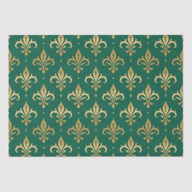 Gold fleur-de-lis seamless pattern on green tissue paper (Front)