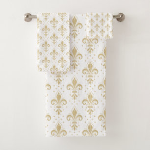 Gold fleur-de-lis seamless pattern on white bath towel set
