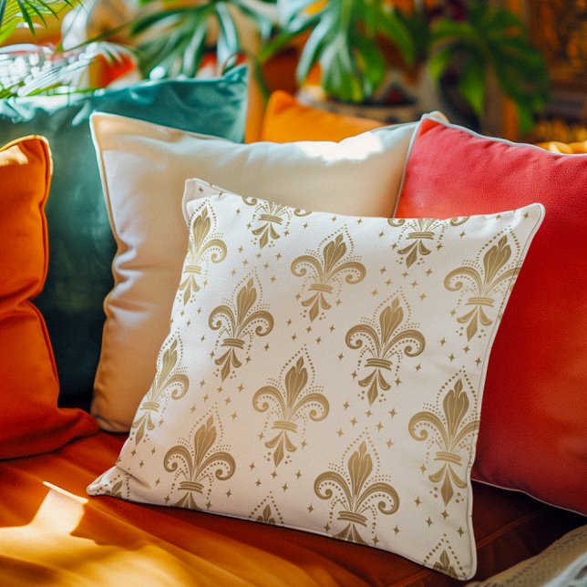 Gold fleur-de-lis seamless pattern on white cushion (Creator Uploaded)