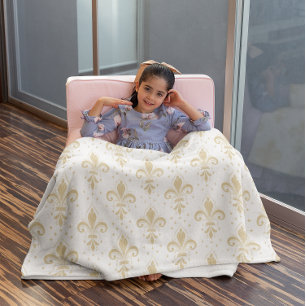 Gold fleur-de-lis seamless pattern on white fleece blanket