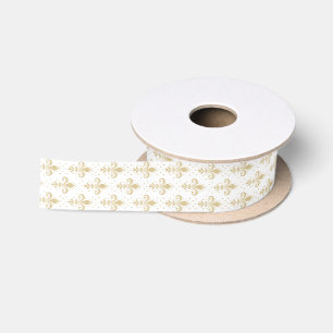 Gold fleur-de-lis seamless pattern on white satin ribbon