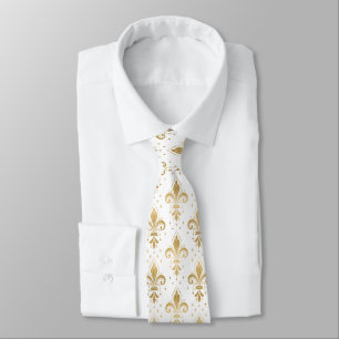 Gold fleur-de-lis seamless pattern on white tie