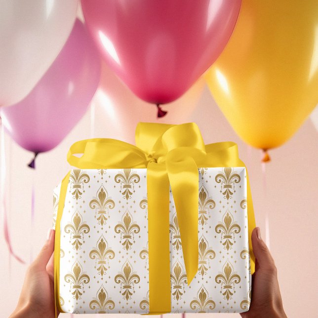 Gold fleur-de-lis seamless pattern on white wrapping paper (Creator Uploaded)