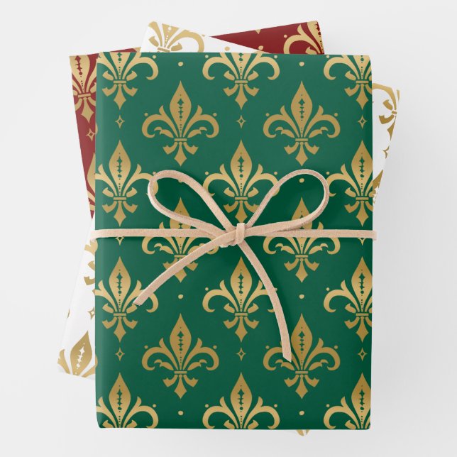 Gold fleur-de-lis seamless pattern wrapping paper sheet (In situ)