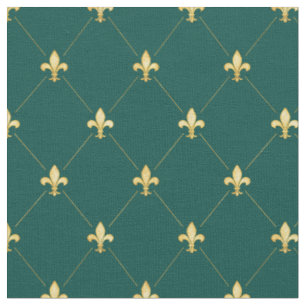 Gold Fleur-de-Lis (small scale) Teal Green Fabric