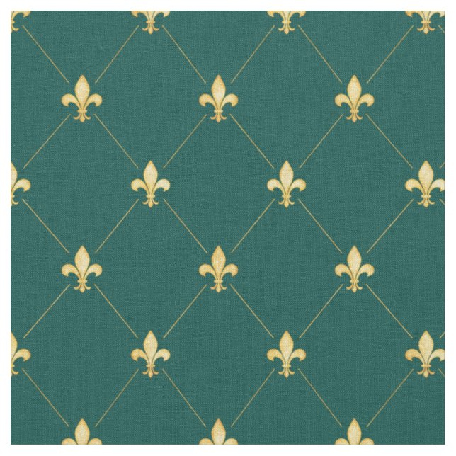 Gold Fleur-de-Lis (small scale) Teal Green Fabric (Close Up)