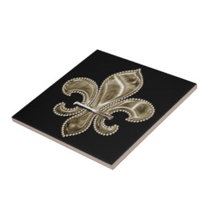 Gold Fleur de Lis Square Ceramic Tile 4.25" - blk
