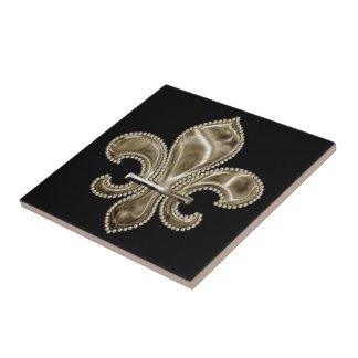 Gold Fleur de Lis Square Ceramic Tile 4.25" - blk